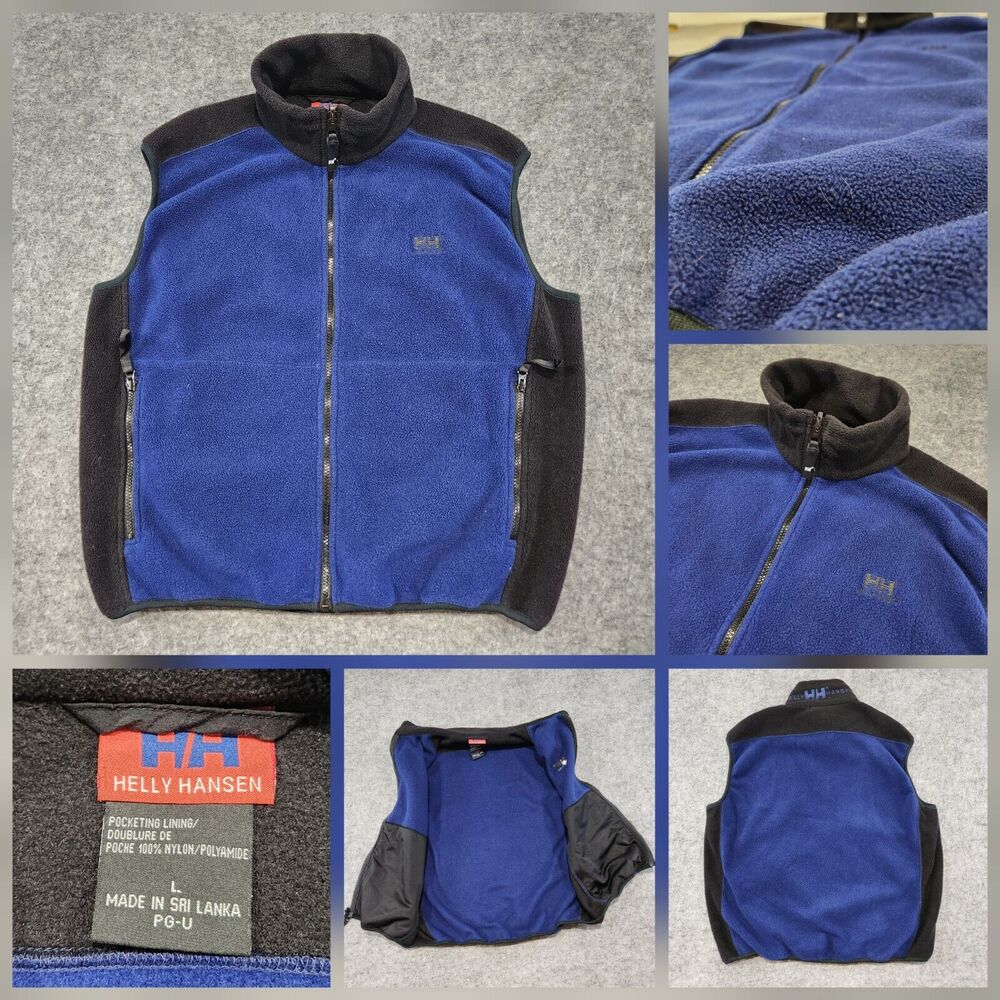 VTG 90s Helly Hansen Mens L Large Fleece Full Zip Blue Black Vest Jacket